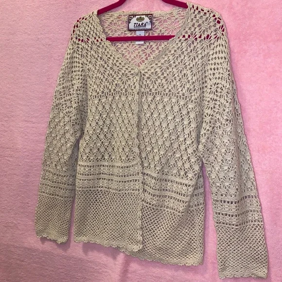Vintage 90s Tiara Crochet Cardigan Longsleeve Nautical Beige Cream Taupe XL Fest - Picture 2 of 12
